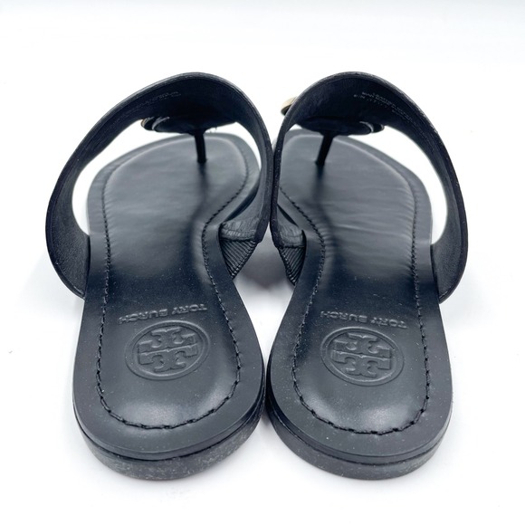Tory Burch Benton Band Flat‎ Sandals Black Leather Thong Silver Logo Size 6 - Picture 7 of 9